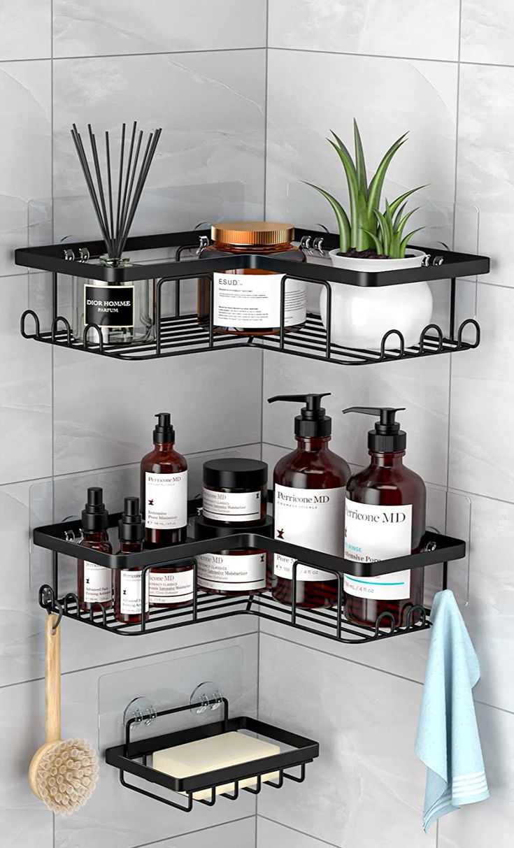 🖤 Stainless Steel Corner Bathroom Shelf – Space Saving Wall Mounted Storage Rack ✨