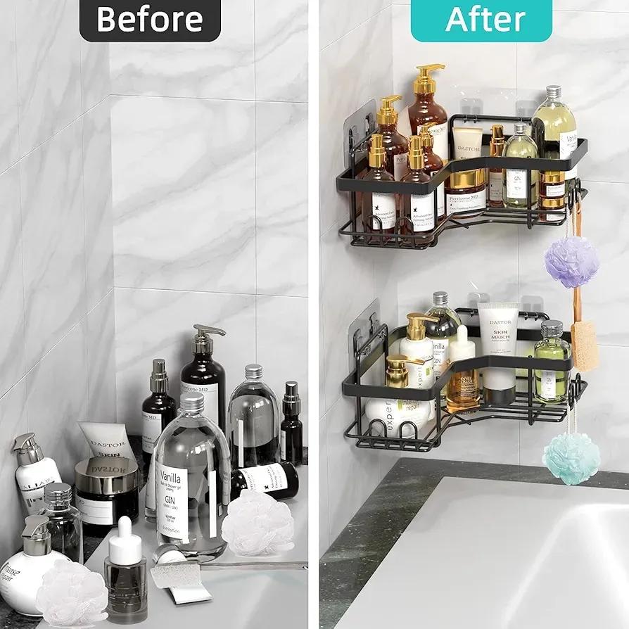 🖤 Stainless Steel Corner Bathroom Shelf – Space Saving Wall Mounted Storage Rack ✨