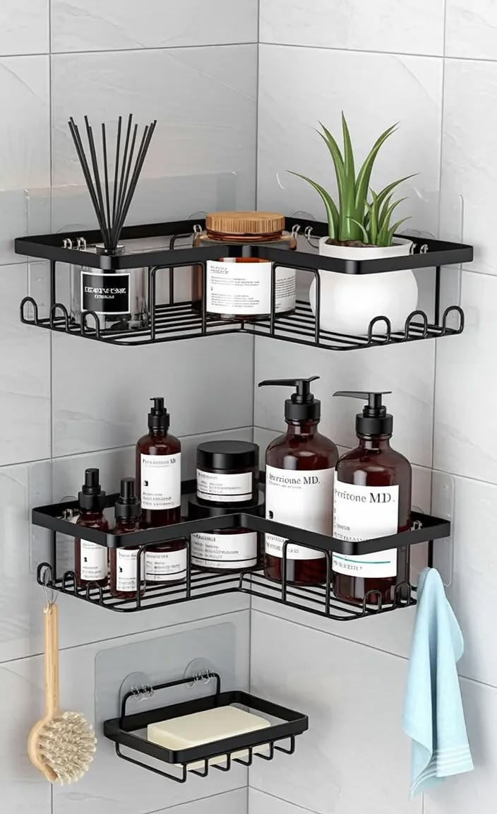 🖤 Stainless Steel Corner Bathroom Shelf – Space Saving Wall Mounted Storage Rack ✨